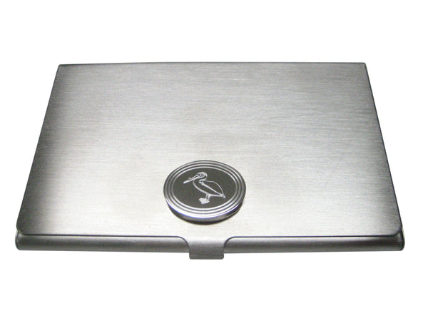 Silver Toned Etched Oval Standing Pelican Bird Business Card Holder