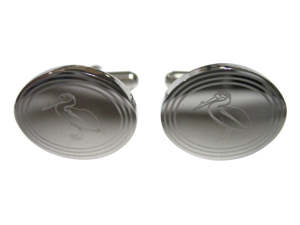 Silver Toned Etched Oval Standing Pelican Bird Cufflinks