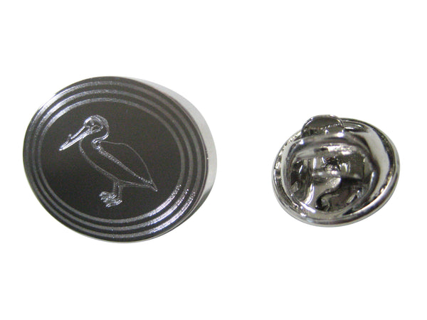 Silver Toned Etched Oval Standing Pelican Bird Lapel Pin