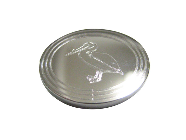 Silver Toned Etched Oval Standing Pelican Bird Magnet
