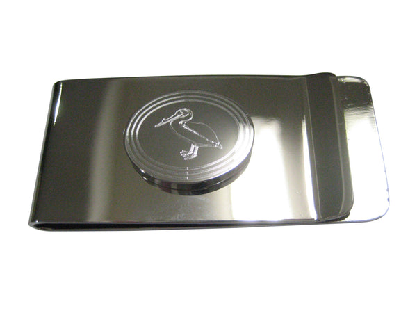 Silver Toned Etched Oval Standing Pelican Bird Money Clip