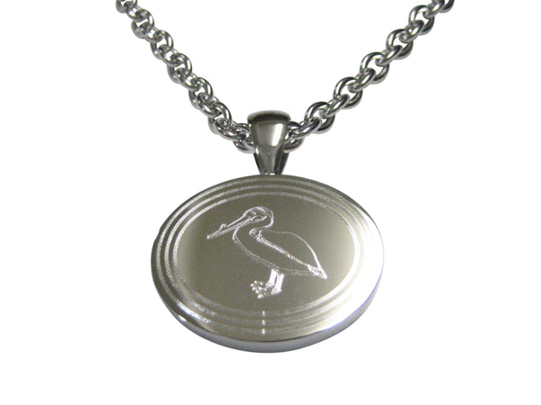 Silver Toned Etched Oval Standing Pelican Bird Pendant Necklace