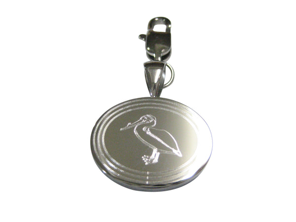 Silver Toned Etched Oval Standing Pelican Bird Pendant Zipper Pull Charm