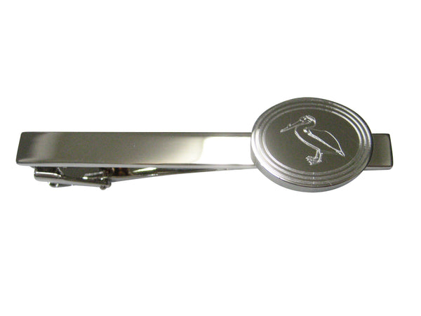 Silver Toned Etched Oval Standing Pelican Bird Tie Clip