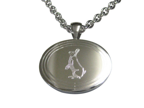 Silver Toned Etched Oval Standing Rabbit Pendant Necklace