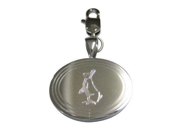 Silver Toned Etched Oval Standing Rabbit Pendant Zipper Pull Charm