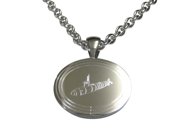 Silver Toned Etched Oval Submarine Pendant Necklace