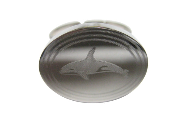 Silver Toned Etched Oval Swimming Killer Whale Orca Adjustable Size Fashion Ring