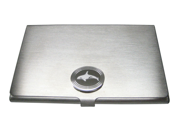Silver Toned Etched Oval Swimming Killer Whale Orca Business Card Holder