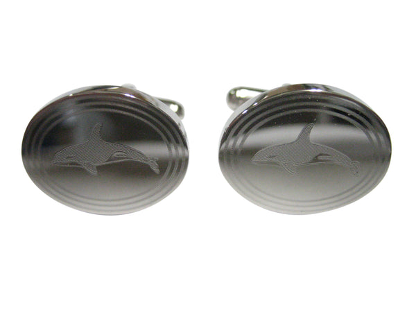 Silver Toned Etched Oval Swimming Killer Whale Orca Cufflinks