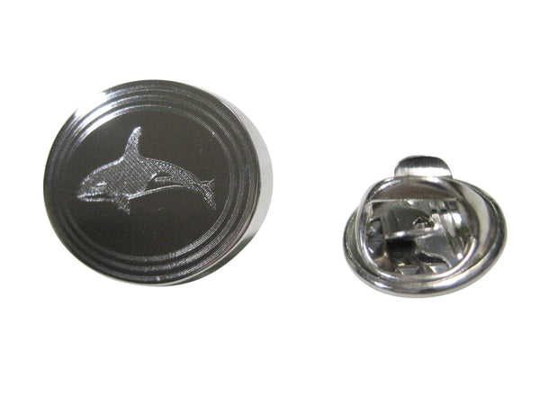 Silver Toned Etched Oval Swimming Killer Whale Orca Lapel Pin