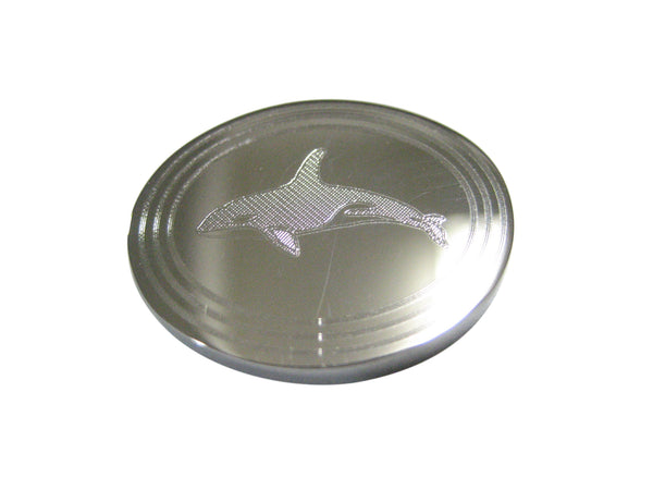 Silver Toned Etched Oval Swimming Killer Whale Orca Magnet