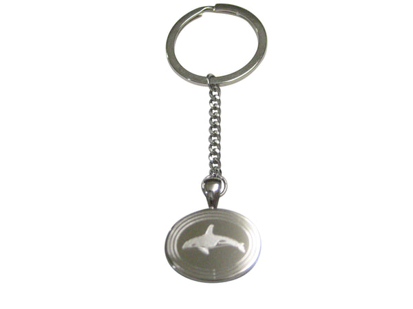 Silver Toned Etched Oval Swimming Killer Whale Orca Pendant Keychain