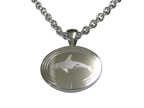 Silver Toned Etched Oval Swimming Killer Whale Orca Pendant Necklace