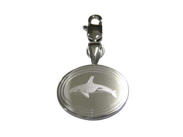 Silver Toned Etched Oval Swimming Killer Whale Orca Pendant Zipper Pull Charm