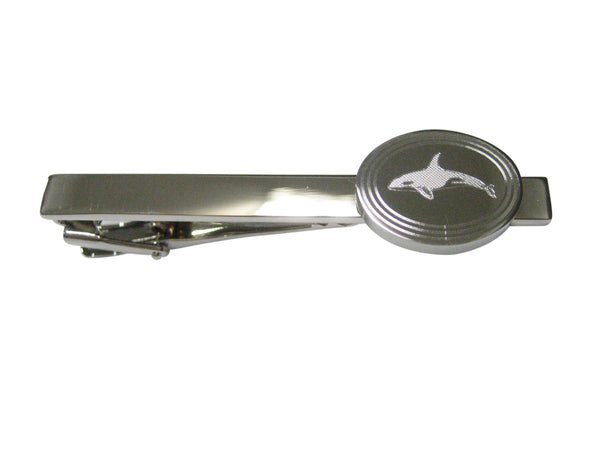 Silver Toned Etched Oval Swimming Killer Whale Orca Tie Clip