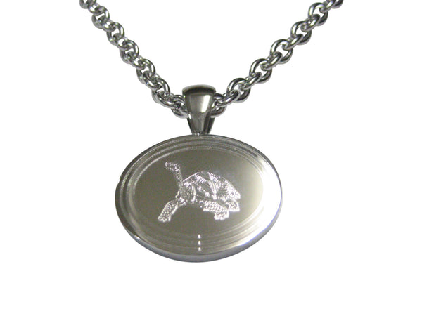 Silver Toned Etched Oval Tortoise Turtle Pendant Necklace