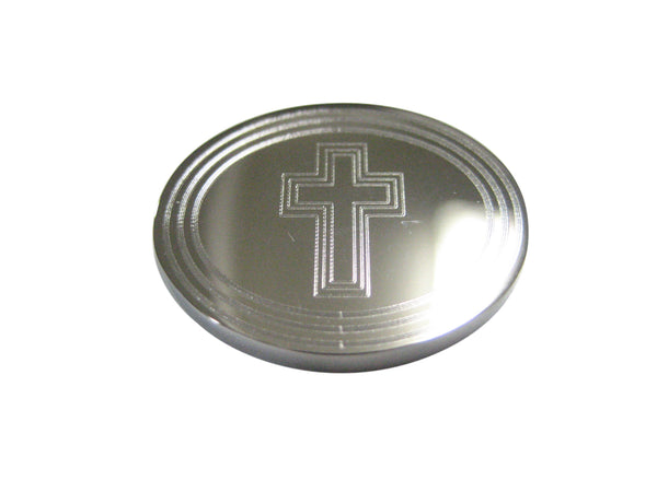 Silver Toned Etched Oval Triple Religious Cross Magnet