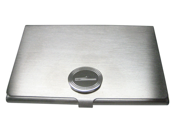 Silver Toned Etched Oval Trombone Music Instrument Business Card Holder