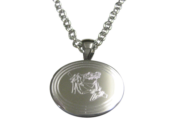 Silver Toned Etched Oval Tropical Frog On Tree Pendant Necklace