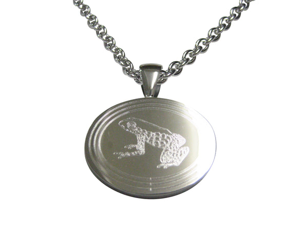 Silver Toned Etched Oval Tropical Frog Pendant Necklace