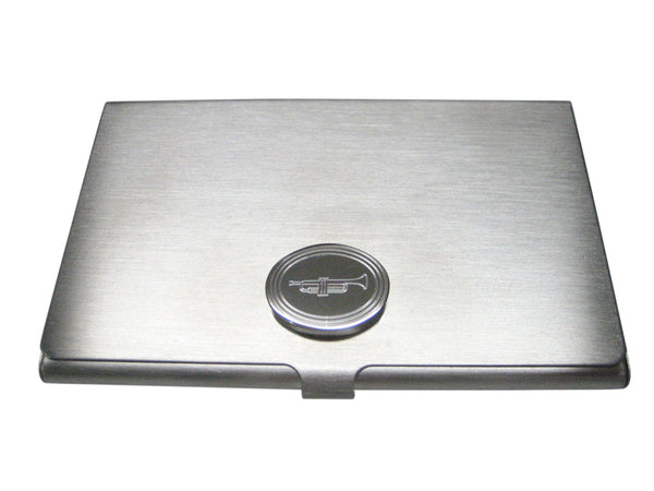 Silver Toned Etched Oval Trumpet Music Instrument Business Card Holder