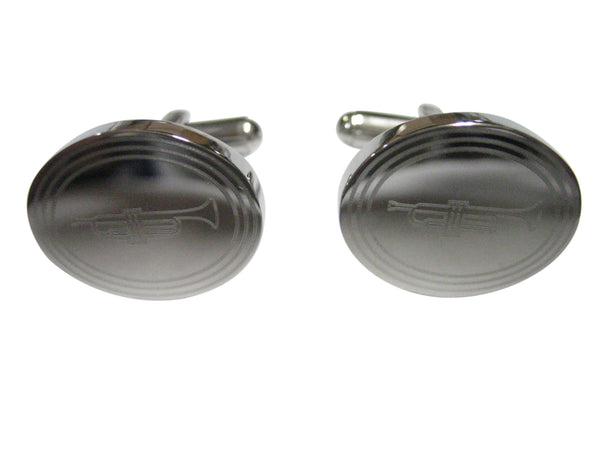 Silver Toned Etched Oval Trumpet Music Instrument Cufflinks