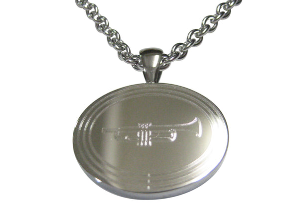 Silver Toned Etched Oval Trumpet Music Instrument Pendant Necklace