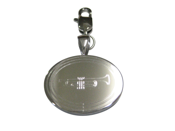 Silver Toned Etched Oval Trumpet Music Instrument Pendant Zipper Pull Charm