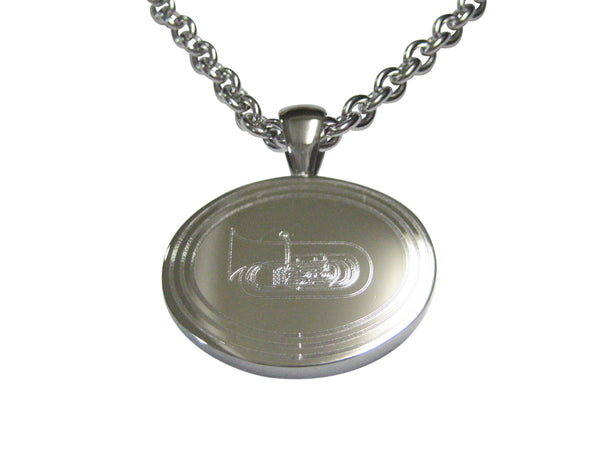 Silver Toned Etched Oval Tuba Music Instrument Pendant Necklace