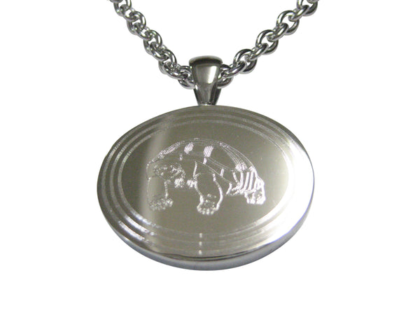 Silver Toned Etched Oval Turtle Tortoise Pendant Necklace