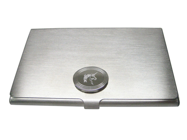 Silver Toned Etched Oval Unicorn Head Business Card Holder