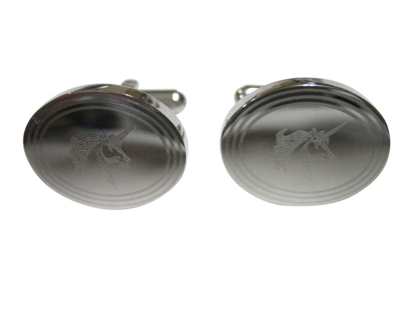 Silver Toned Etched Oval Unicorn Head Cufflinks