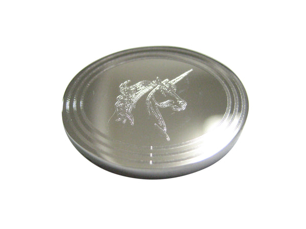 Silver Toned Etched Oval Unicorn Head Magnet