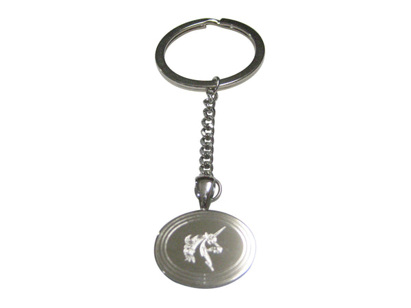 Silver Toned Etched Oval Unicorn Head Pendant Keychain