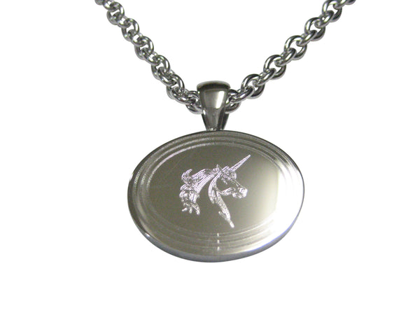 Silver Toned Etched Oval Unicorn Head Pendant Necklace