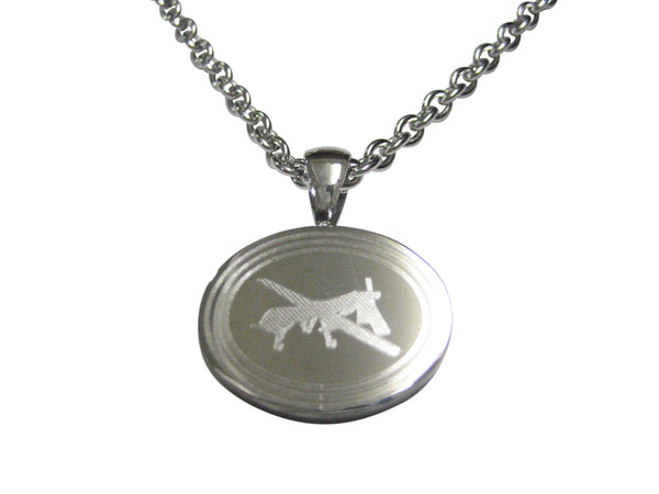 Silver Toned Etched Oval Unmanned Aerial Vehicle UAV Drone Pendant Necklace