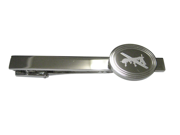Silver Toned Etched Oval Unmanned Aerial Vehicle UAV Drone Tie Clip