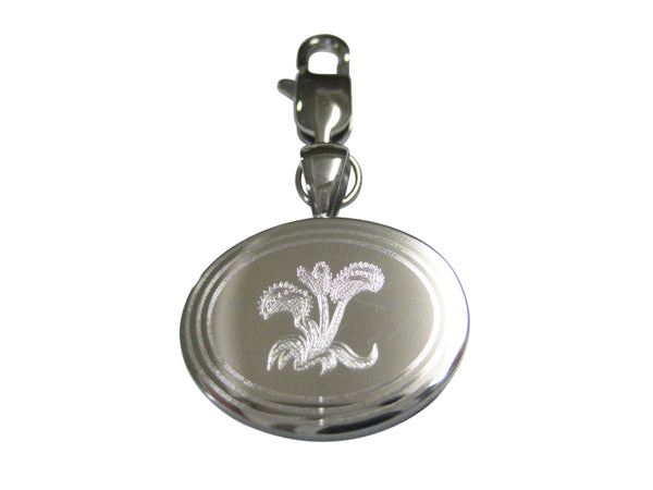 Silver Toned Etched Oval Venus Fly Trap Carnivorous Plant Pendant Zipper Pull Charm