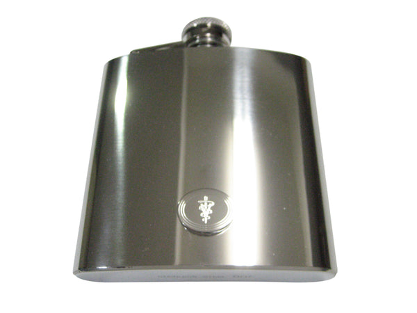 Silver Toned Etched Oval Veterinary Caduceus Symbol 6oz Flask