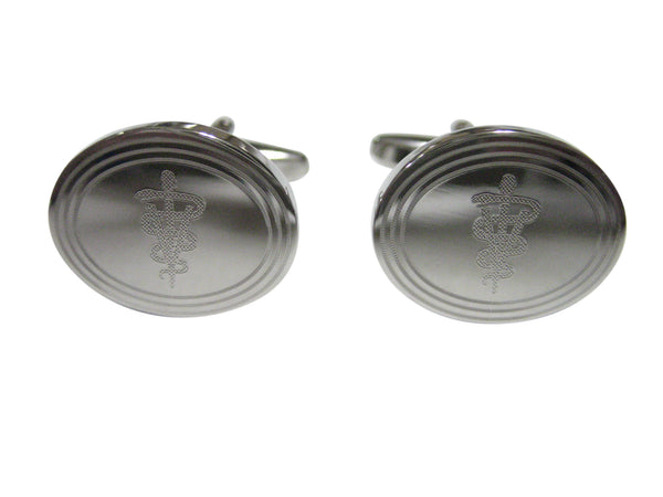 Silver Toned Etched Oval Veterinary Caduceus Symbol Cufflinks