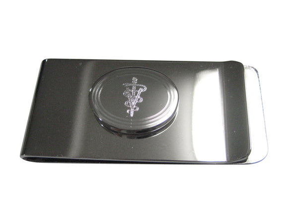 Silver Toned Etched Oval Veterinary Caduceus Symbol Money Clip