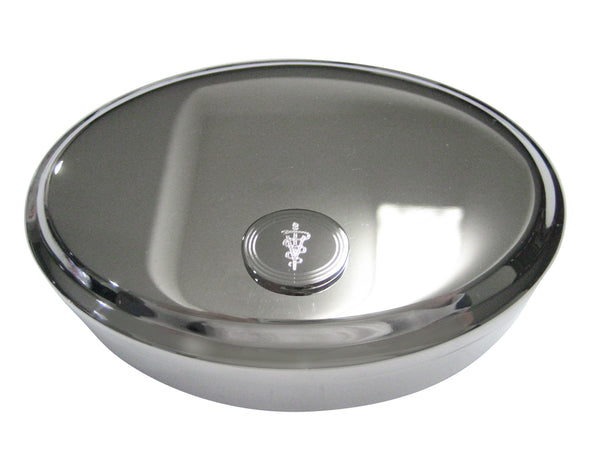 Silver Toned Etched Oval Veterinary Caduceus Symbol Oval Trinket Jewelry Box