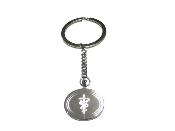 Silver Toned Etched Oval Veterinary Caduceus Symbol Pendant Keychain