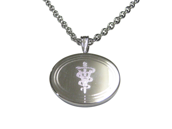 Silver Toned Etched Oval Veterinary Caduceus Symbol Pendant Necklace