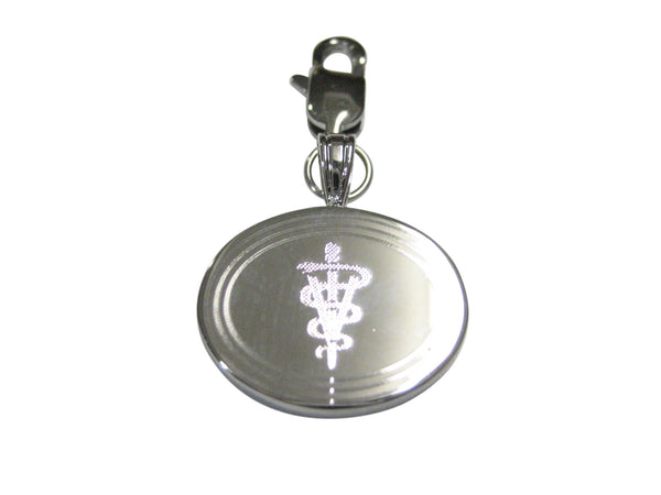 Silver Toned Etched Oval Veterinary Caduceus Symbol Pendant Zipper Pull Charm