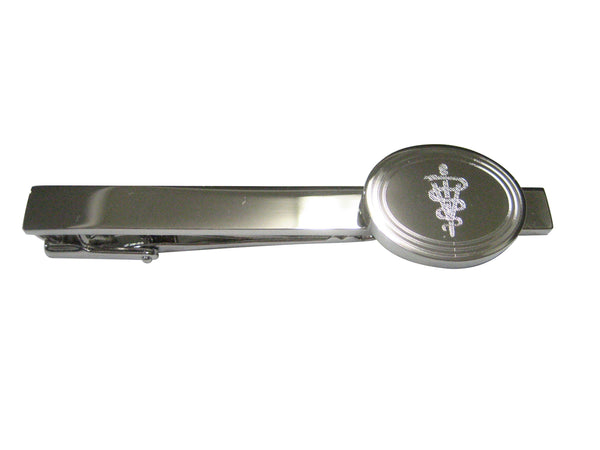 Silver Toned Etched Oval Veterinary Caduceus Symbol Tie Clip