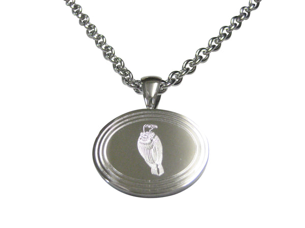 Silver Toned Etched Oval Vulture Bird Pendant Necklace