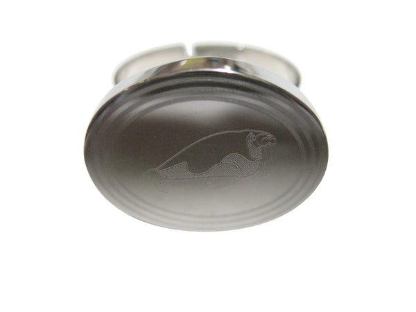 Silver Toned Etched Oval Walrus Adjustable Size Fashion Ring
