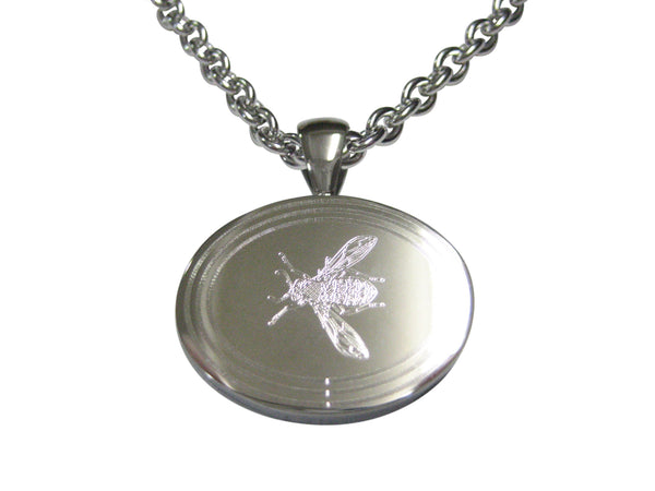 Silver Toned Etched Oval Wasp Insect Pendant Necklace